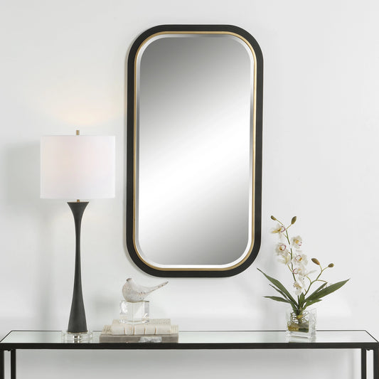 Nevaeh Curved Rectangle Mirror by Uttermost in satin black, gold leaf. Made from iron, mdf, mirror in a modern style.