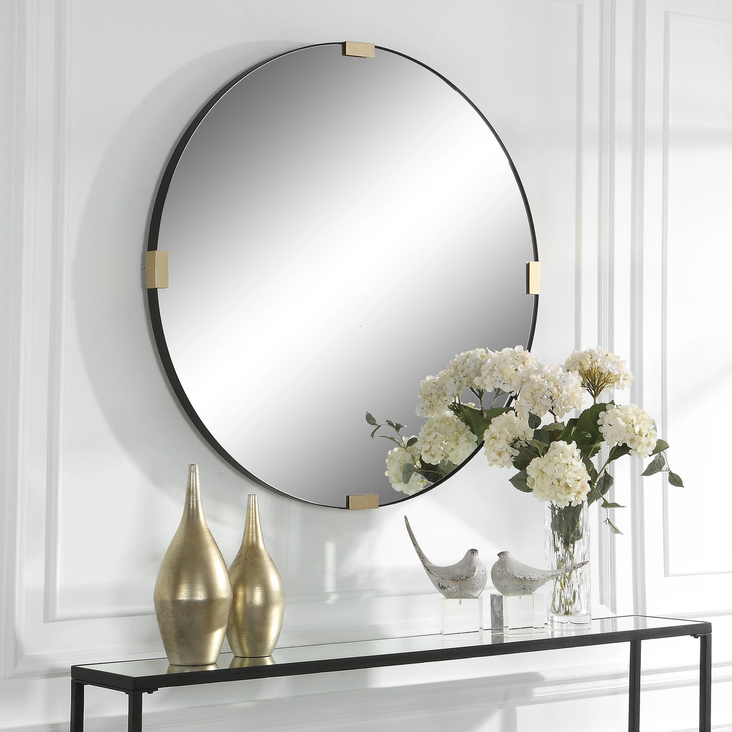 003 SI-1981207 | Lifestyle | Clip Round Mirror by Uttermost in satin black, gold leaf. Made from iron, mdf, mirror in a modern style.