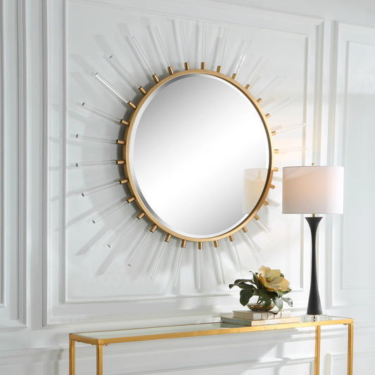 Oracle Round Mirror by Uttermost in gold. Made from mdf, mirror, iron, acrylic in a modern style.