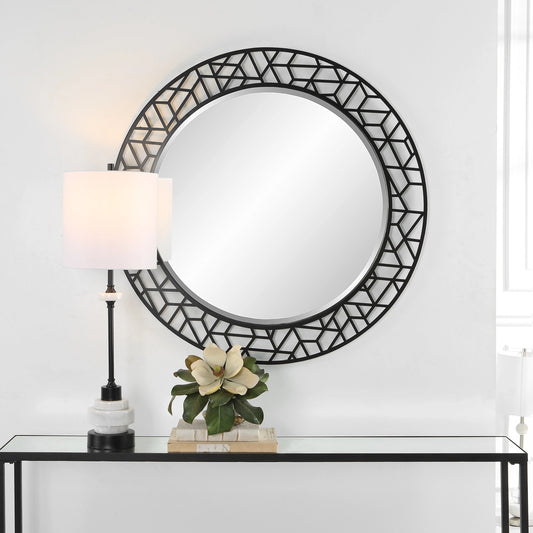 Mosaic Round Mirror by Uttermost in black. Made from mdf, iron, mirror in a modern style.