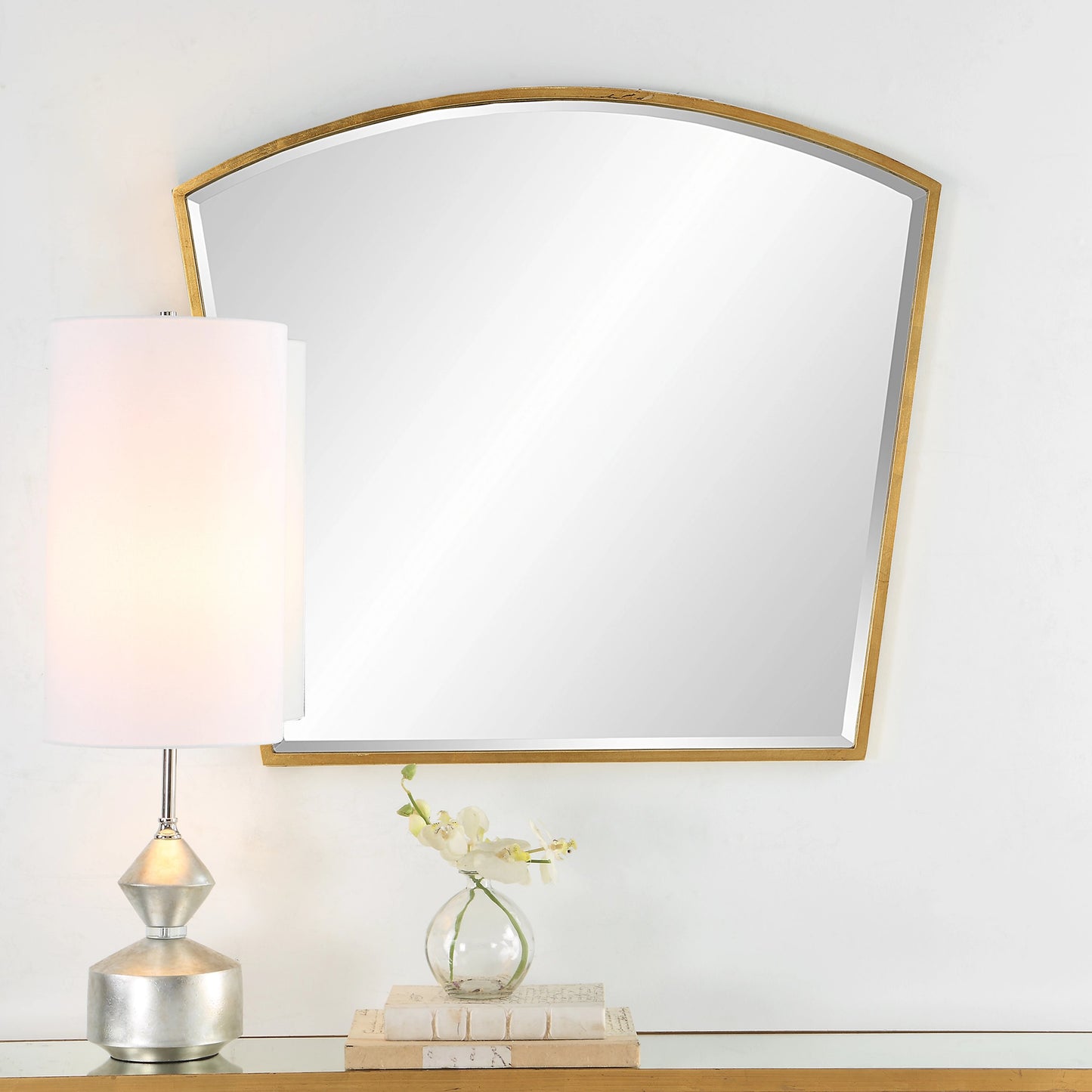 003 SI-1981228 | Lifestyle | Boundary Arch Mirror by Uttermost in antiqued gold leaf. Made from iron, mdf, mirror in a modern style.