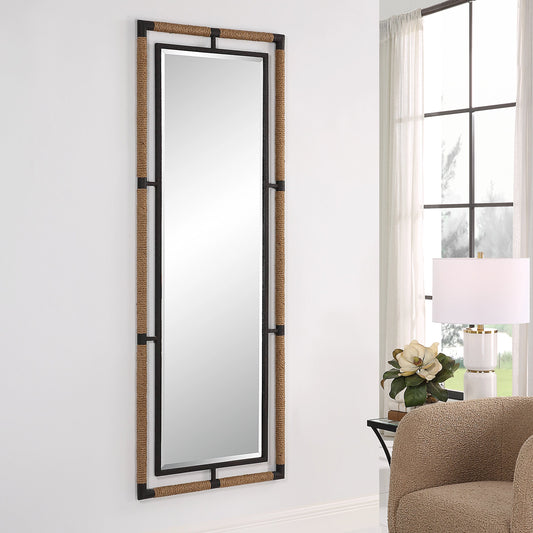Melville Tall Mirror by Uttermost in rust black. Made from mirror, iron, mdf, rope in a modern style.