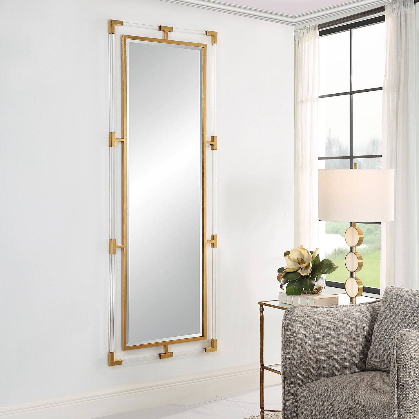 003 SI-2016415 | Lifestyle | Balkan Tall Mirror by Uttermost in gold. Made from mirror, acrylic, iron, mdf in a modern style.