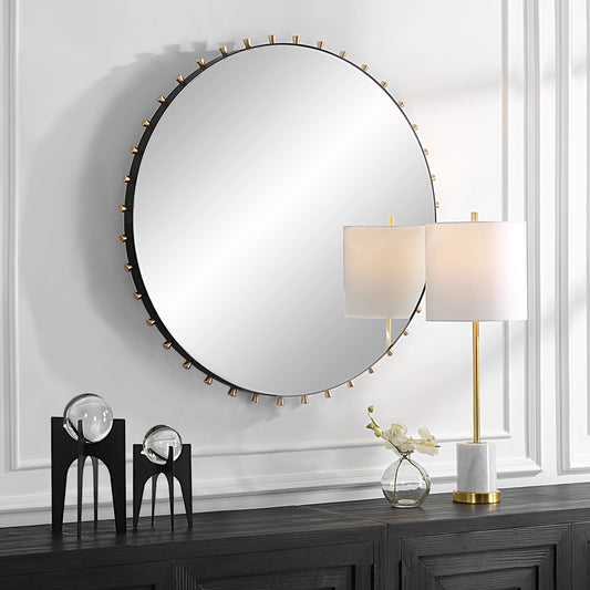 Cosmopolitan Round Mirror by Uttermost in brass. Made from iron, mirror, mdf, aluminium alloy in a modern style.