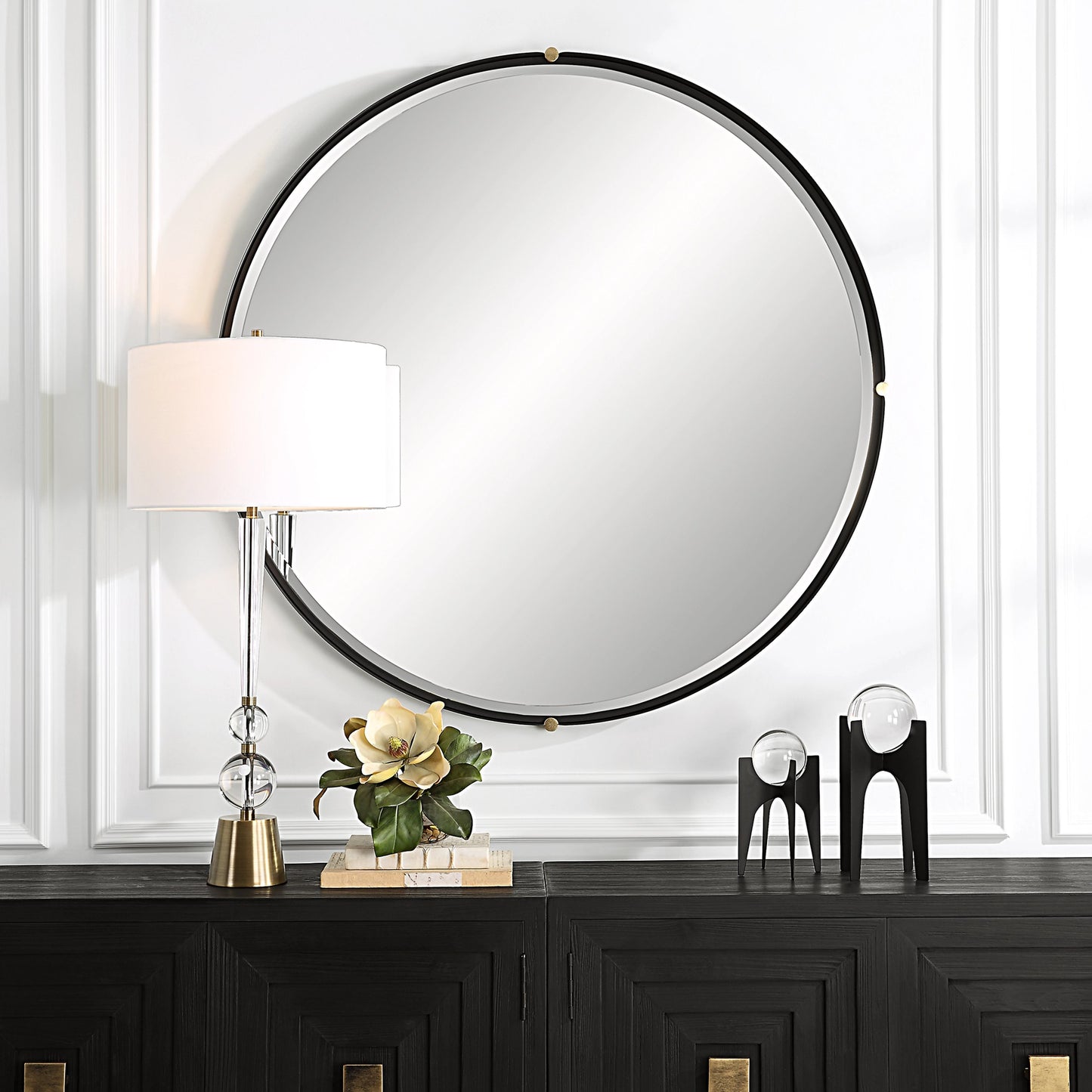 006 SI-2108090 | Lifestyle | Bonded Round Mirror by Uttermost in gold. Made from iron, mirror, mdf, pine in a modern style.