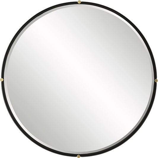Bonded Round Mirror by Uttermost in gold. Made from iron, mirror, mdf, pine in a modern style.