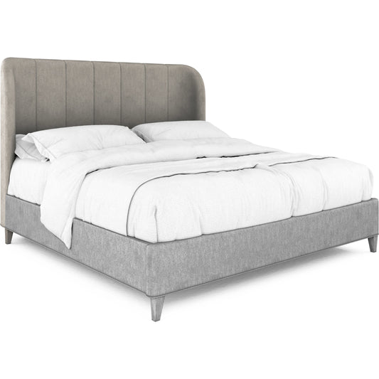 Vault Upholstered Shelter Bed Headboard by A.R.T. Furniture in gray and mink finish. Made from parrawood solids, mix of split-cathedral and qtr white oak veneers in a modern style.