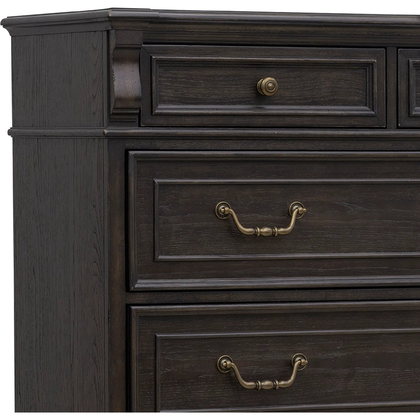 005 SI-2383572 | Closeup | Hickory Creek 6 Drawer Chest by Pulaski Furniture in brown velvet. Made from split heart cathedral hickory veneers in a unique style.