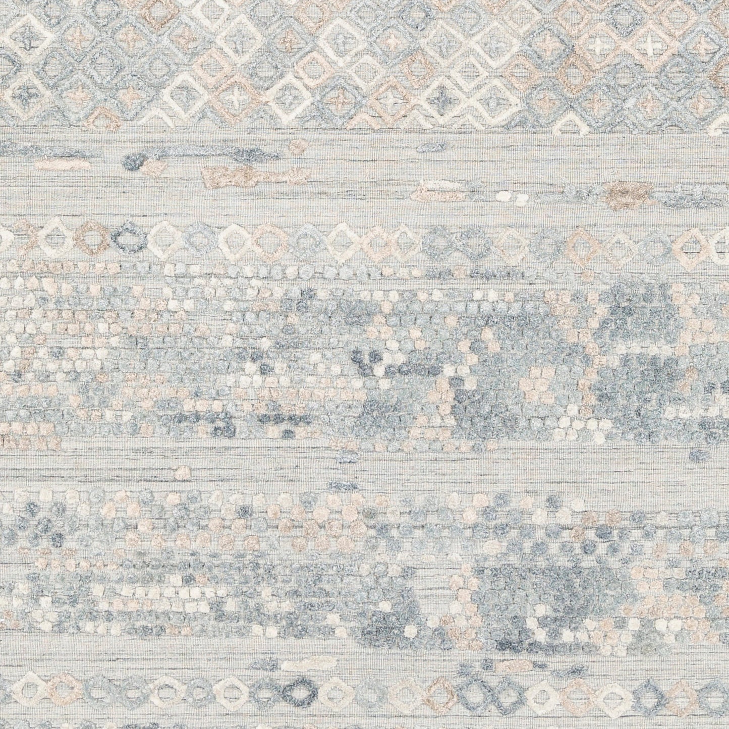 004 SR-880602,SR-880603,SR-880604,SR-880605,SR-880606 | Closeup | Makalu MKL-2302 Rug by Surya in pale blue, medium gray, dusty sage, light gray, tan. Made from 70% viscose, 30% wool in a unique style.