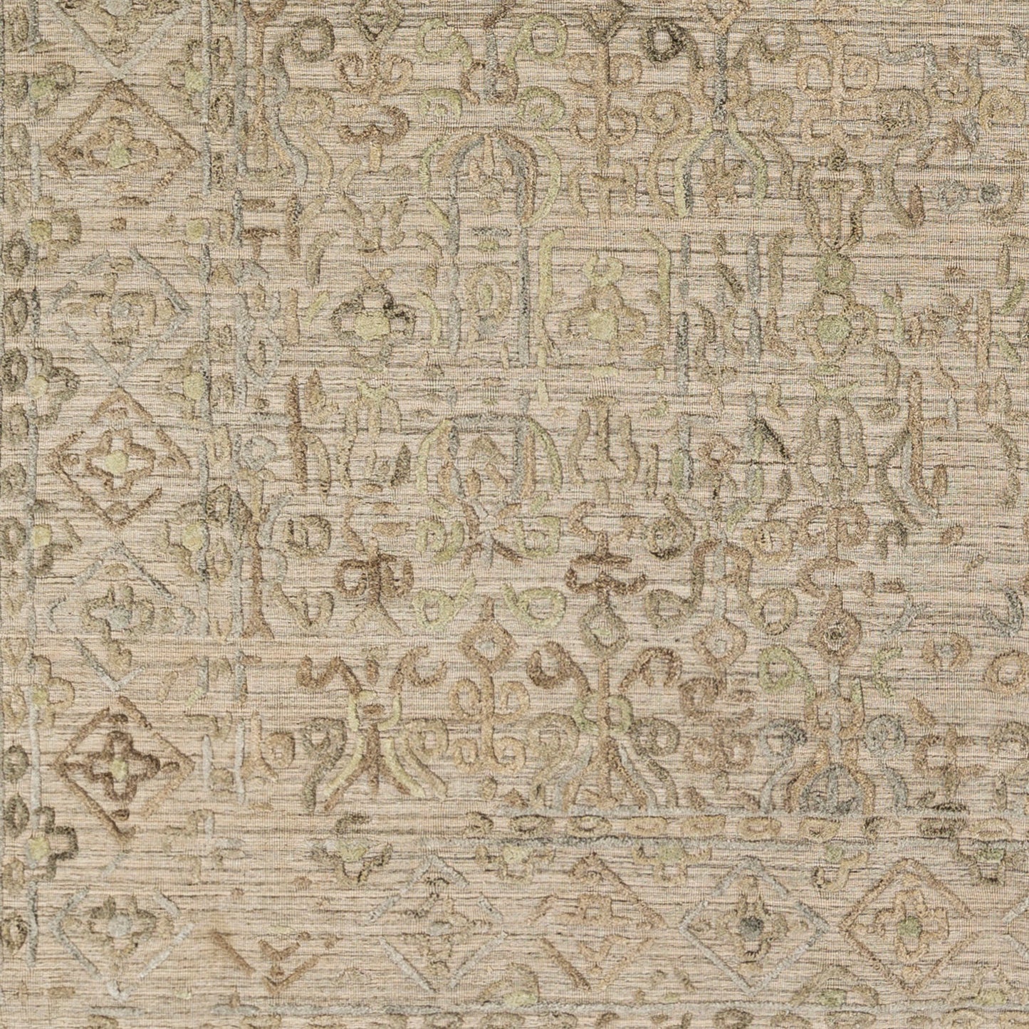 009 SR-880613,SR-880614 | Closeup | Makalu MKL-2305 Rug by Surya in light sage, light slate, oatmeal, beige, dusty sage, charcoal. Made from 70% viscose, 30% wool in a unique style.