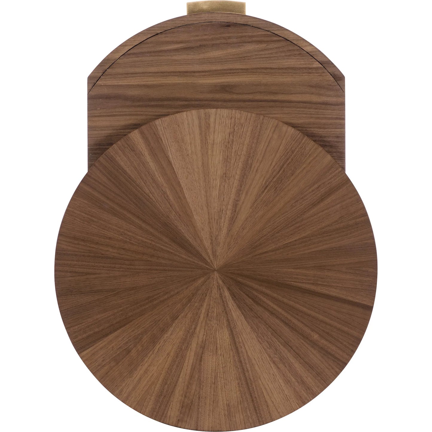003 SI-2458590 | Additional Silo | Eleana Round Nightstand by Hooker Furniture in light caramel, quartered walnut veneers, sunlit bronze metal. Made from walnut veneers in a modern style.