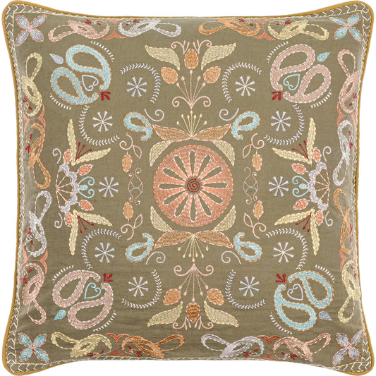 Millie Kay Pillow - 493843 by Surya in olive green, burnt orange, sky blue, mustard yellow, coral pink, cream, burgundy. Made from front: 100% cotton, back: 100% cotton