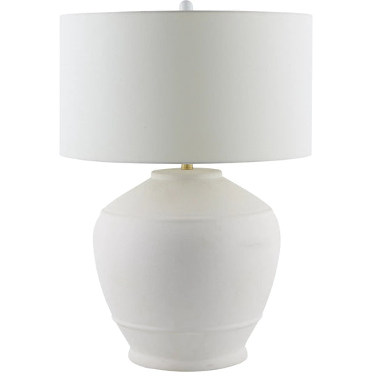 Morlaix Accent Table Lamp by Livabliss in white and glazed, plated. Made from ceramic, linen, iron in a transitional style.