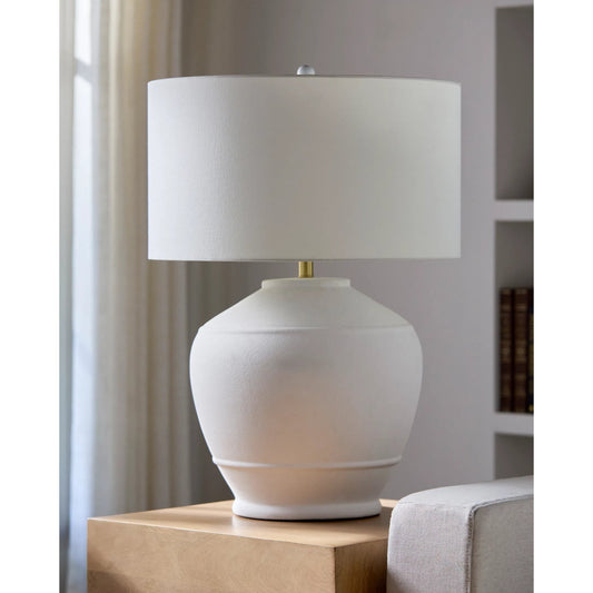 Morlaix Accent Table Lamp by Livabliss in white and glazed, plated. Made from ceramic, linen, iron in a transitional style.