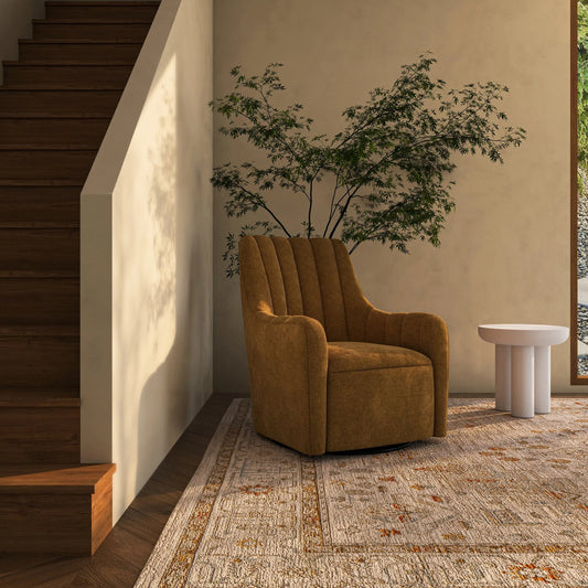 Bowie Swivel Chair by Moe's Home Collection in ochre brown. Made from upholstery: 100% polyester, rubber wood, plywood frame, foam, fiber seat in a transitional style.