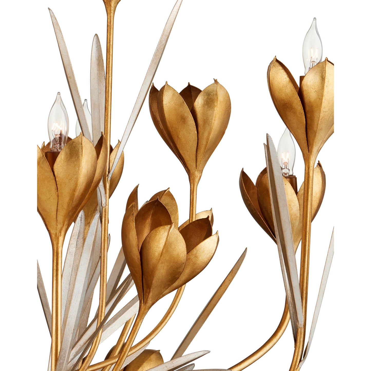 002 SI-2191742 | Additional Silo | Hortensia Chandelier by Currey and Company in contemporary gold leaf, contemporary gold, contemporary silver leaf. Made from wrought iron in a modern style.