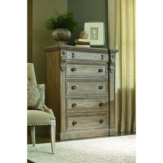 Arch Salvage Jackson Drawer Chest by A.R.T. Furniture in brown and parch. Made from parrawood solids, cathedral elm veneers in a traditional style.