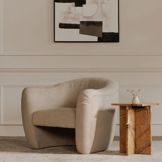 Domino Accent Chair by Moe's Home Collection in beige. Made from upholstery: 100% polyester, high density foam seat, solid wood, plywood frame in a transitional style.