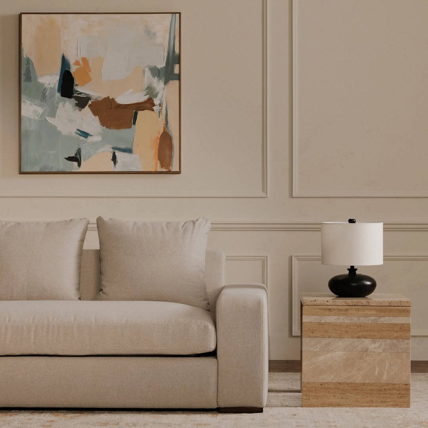 019 SI-2368374 | Lifestyle | Thomas Sofa by Moe's Home Collection. Made from upholstery: 100% polyester, 70% feather, 30% fiber fill, solid wood, plywood frame in a unique style.
