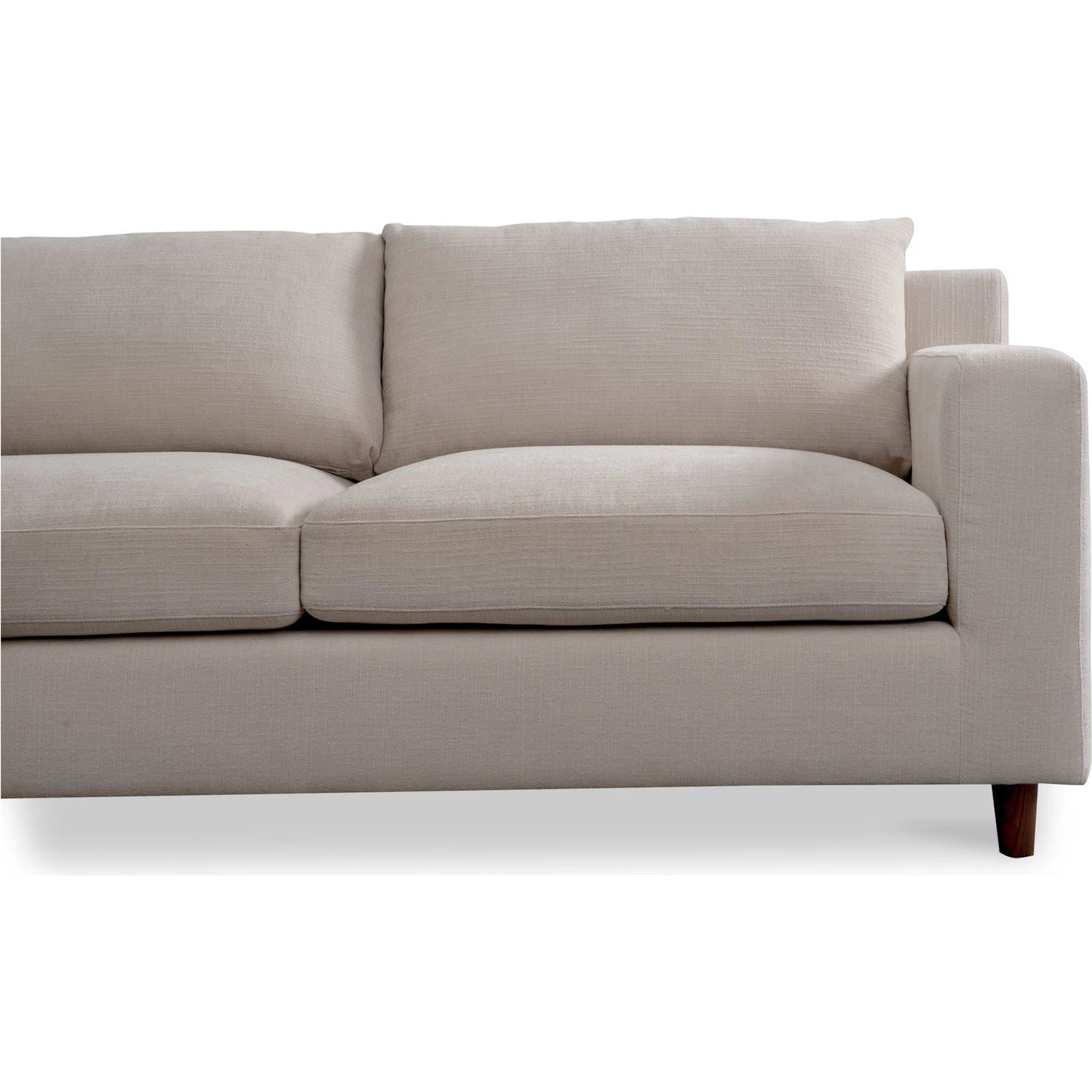 033 SI-2368099 | Closeup | Hutton Sectional by Moe's Home Collection in beige. Made from upholstery: 100% polyester, 70% feather, 30% fiber fill, solid wood, plywood frame in a transitional style.
