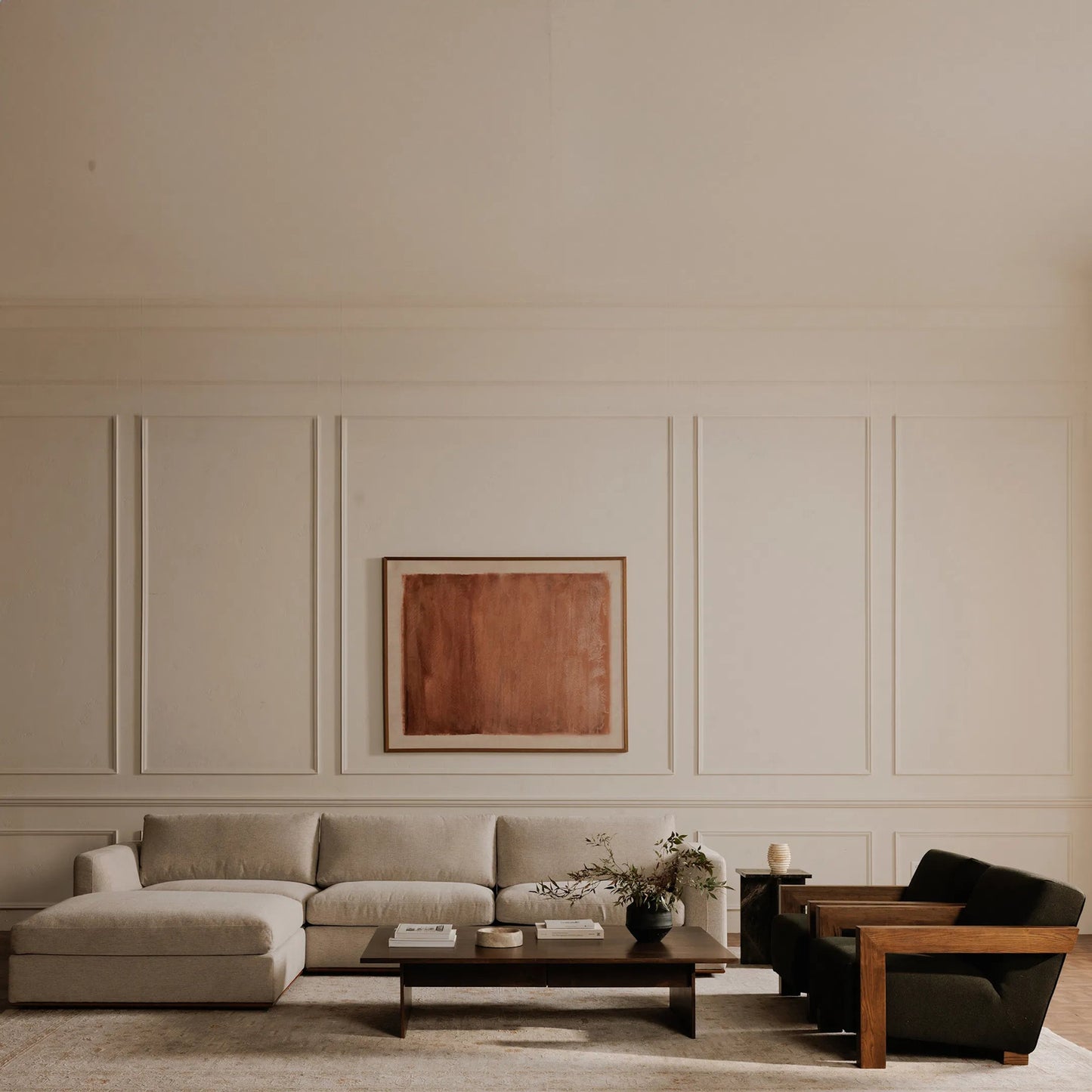 008 SI-2368307 | Lifestyle | Rue Ottoman by Moe's Home Collection in flecked grey. Made from upholstery: 100% polyester, 70% feather, 30% fiber fill, solid wood, plywood frame in a transitional style.