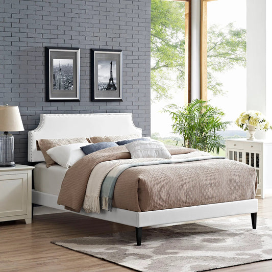 Ava Platform Bed with Squared Tapered Legs by Evans & Londeen in white. Made from vinyl in a transitional style.