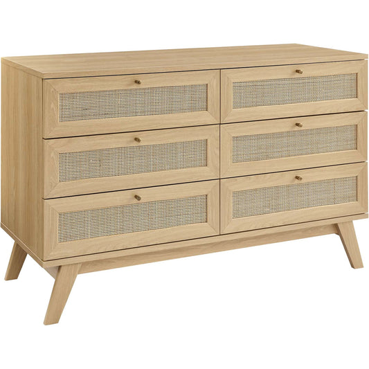 Oldham 6-Drawer Dresser by Evans & Londeen. Made from mdf, particle board, natural rattan, foam pad, brass handle, light oak, toppan walnut in a modern style.