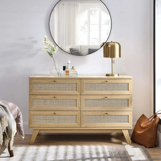 Oldham 6-Drawer Dresser by Evans & Londeen. Made from mdf, particle board, natural rattan, foam pad, brass handle, light oak, toppan walnut in a modern style.