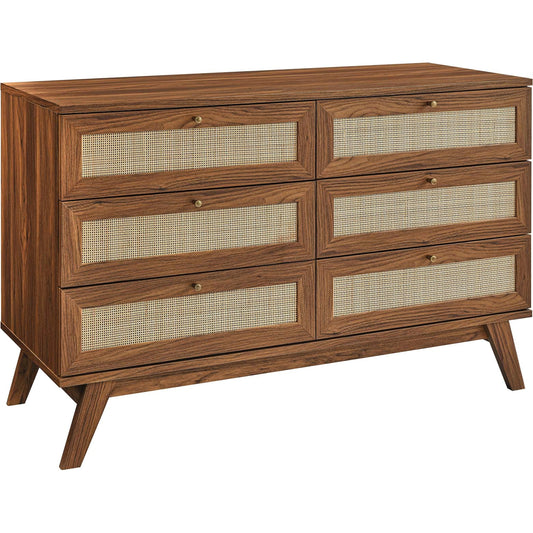 Oldham 6-Drawer Dresser by Evans & Londeen. Made from mdf, particle board, natural rattan, foam pad, brass handle, light oak, toppan walnut in a modern style.