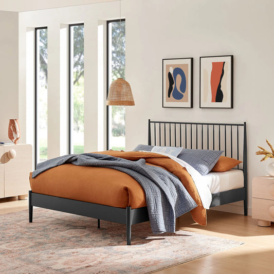 Corozal Spindle Metal Platform Bed by Evans & Londeen in charcoal. Made from metal in a modern style.