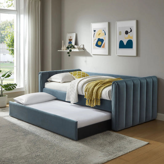 Yuma Channel Daybed With Trundle by Evans & Londeen. Made from performance velvet in a transitional style.