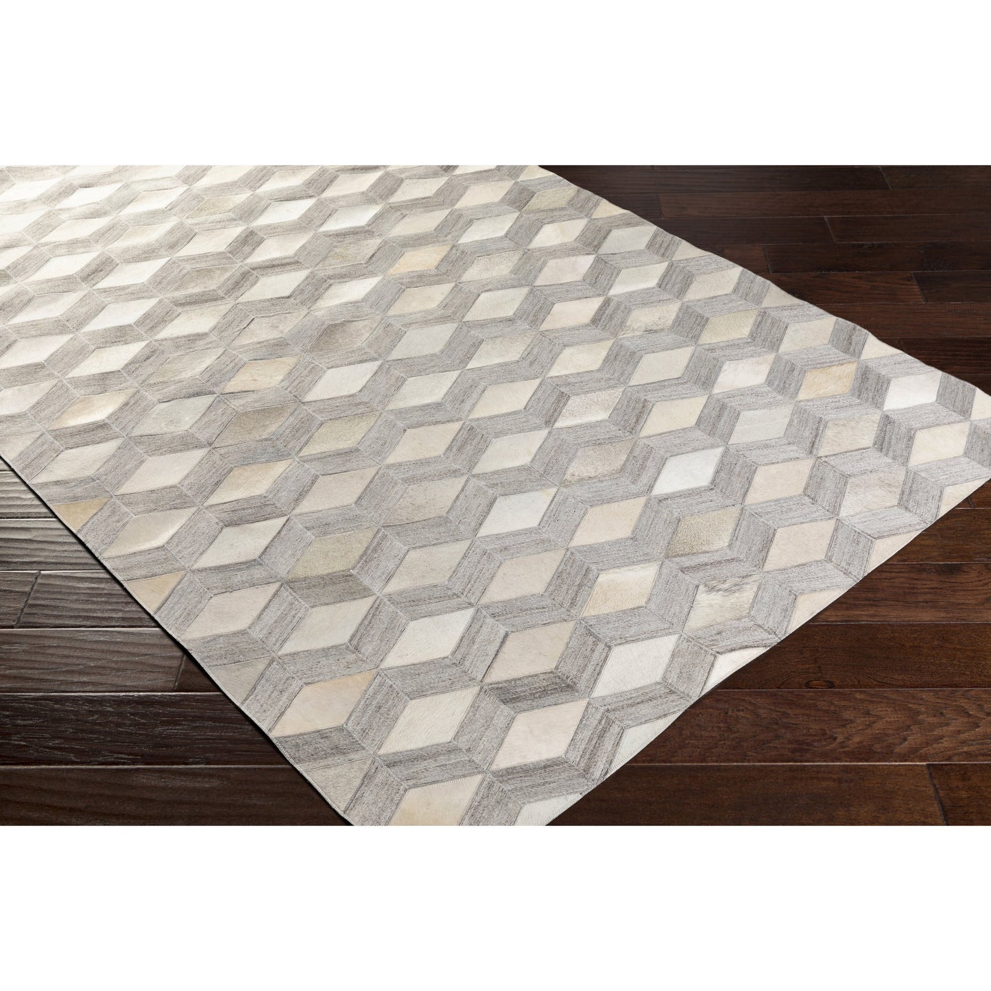 002 SR-754356 | Closeup | Medora Rug - 22910 by Surya in oatmeal, light gray, medium gray. Made from 65% hair on hide, 35% chenille-viscose in a unique style.