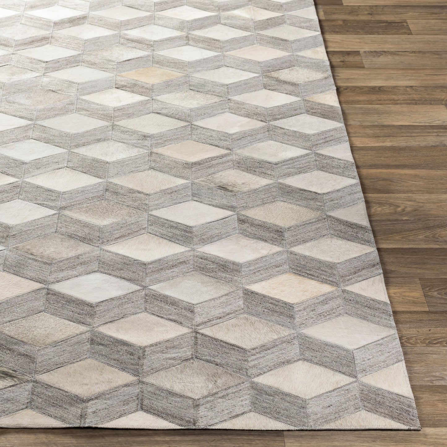 004 SR-754356 | Closeup | Medora Rug - 22910 by Surya in oatmeal, light gray, medium gray. Made from 65% hair on hide, 35% chenille-viscose in a unique style.