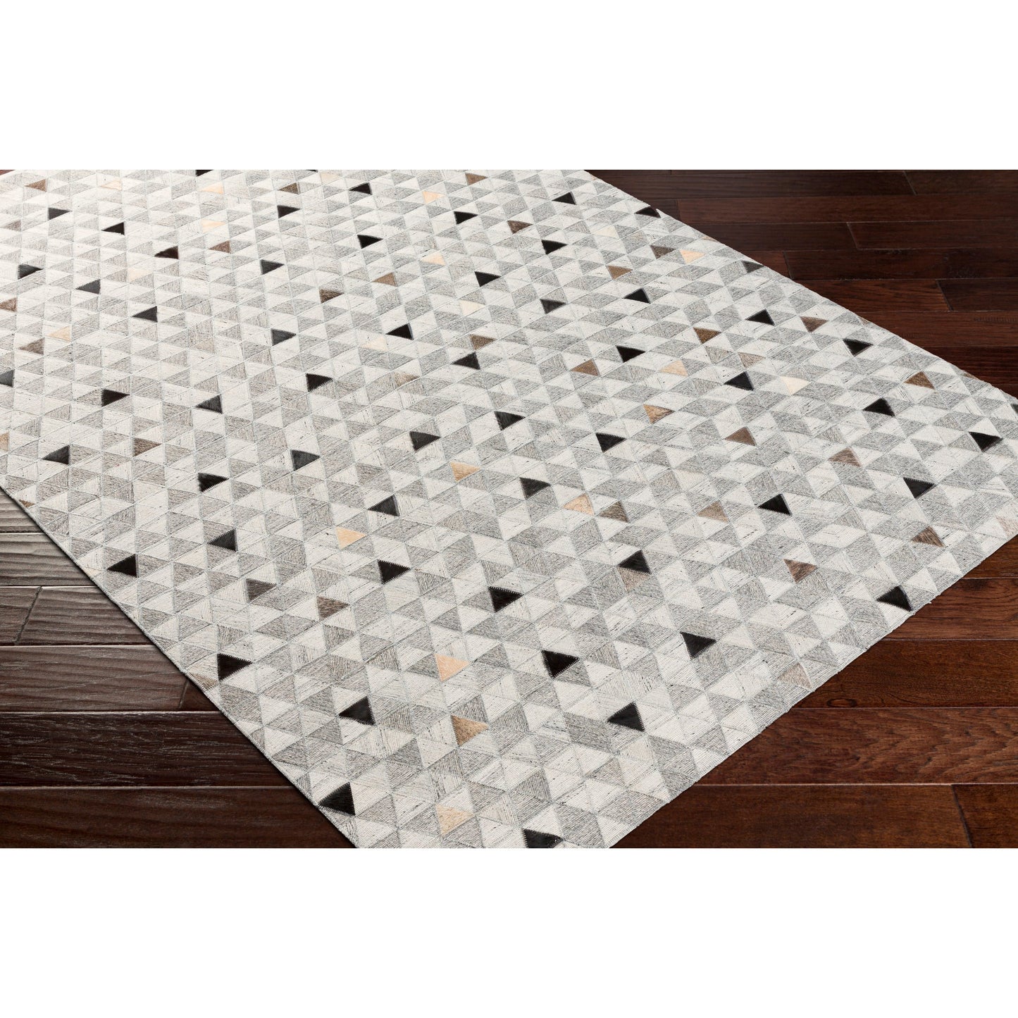 002 SI-1886223,SI-1886224,SI-1886226 | Closeup | Medora Rug - 30191 by Surya in gray, black, light gray, medium brown, light brown, tan. Made from 65% viscose, 35% leather in a unique style.