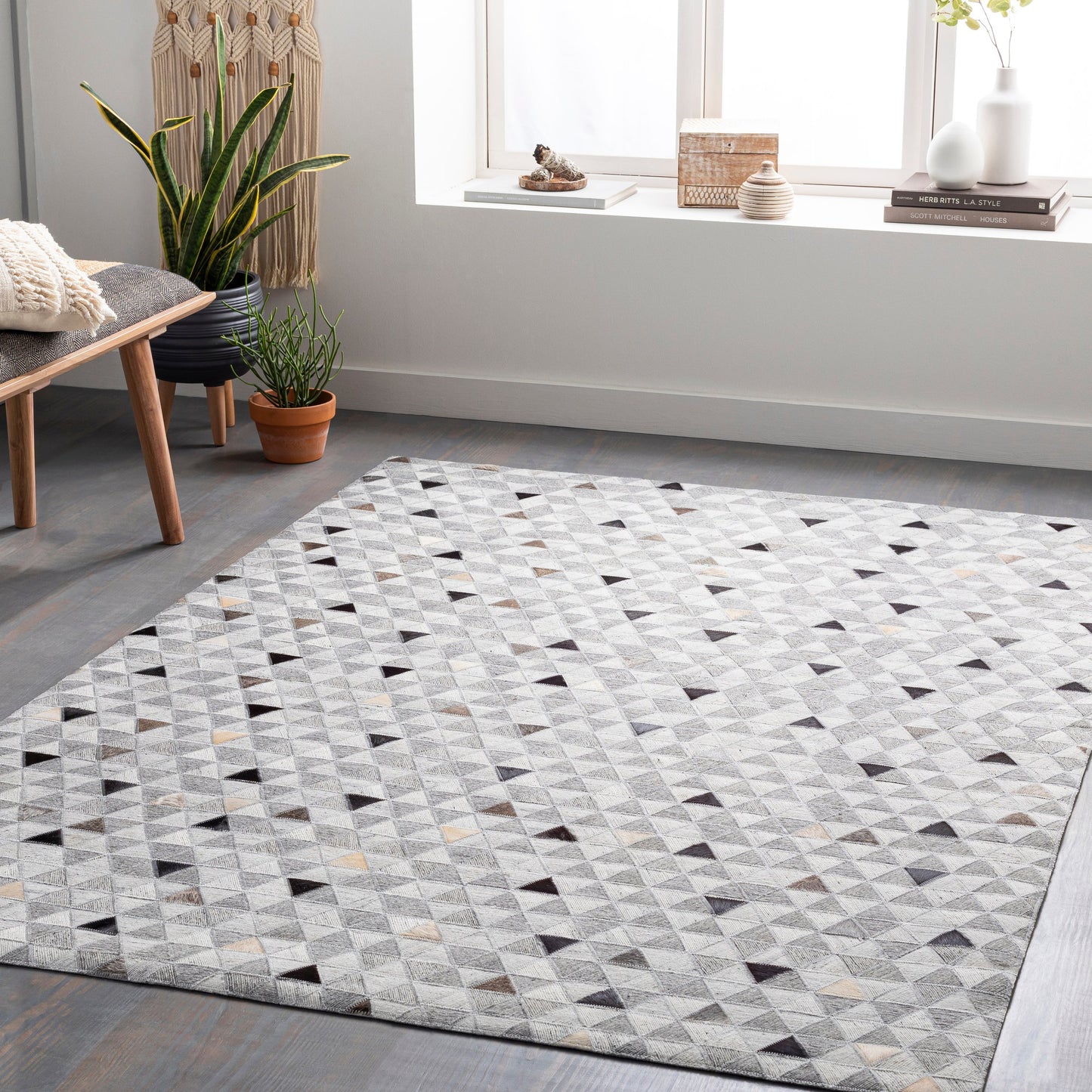 007 SI-1886223,SI-1886224,SI-1886226 | Lifestyle | Medora Rug - 30191 by Surya in gray, black, light gray, medium brown, light brown, tan. Made from 65% viscose, 35% leather in a unique style.