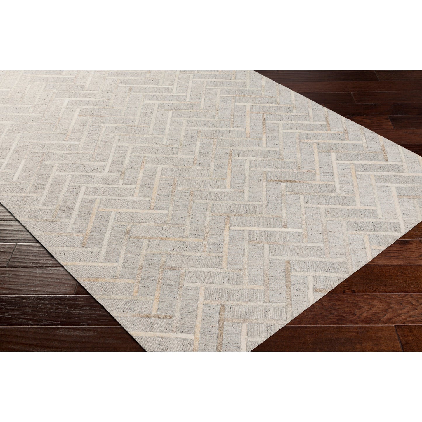 003 SI-1886227,SI-1886228,SI-1886229,SI-1886230 | Closeup | Medora Rug - 30192 by Surya in taupe, medium gray, oatmeal, tan, medium brown, light gray. Made from 65% viscose, 35% leather in a unique style.