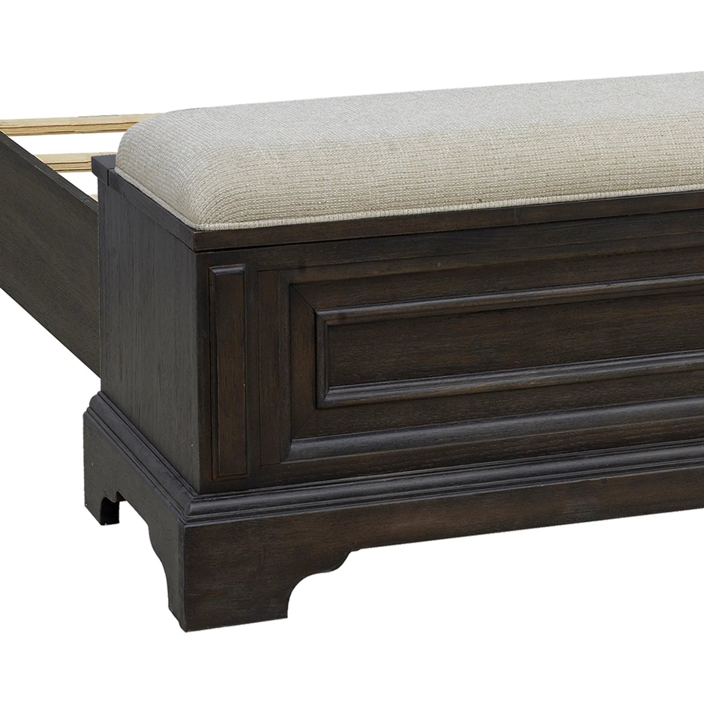 007 SI-2383566,SI-2383567,SI-2383568 | Closeup | Hickory Creek Storage Bed by Pulaski Furniture in brown velvet. Made from split heart cathedral hickory veneers in a unique style.