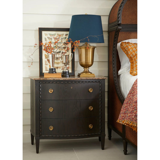 Tangiers Shelter Bed by Jonathan Charles in brown, black and ebonized oak. Made from oak solids, natural cane, flat-cut oak veneers in a rustic style.