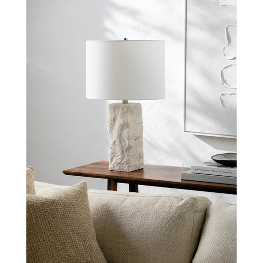 Marie Accent Table Lamp - 535752 by Livabliss in body: white, shade: white, finial: metallic - silver, harp: metallic - nickel, cord: translucent and naturalplated. Made from resin, linen, polystyrene, iron in a modern style.