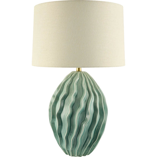 Marton Accent Table Lamp by Surya in translucent, cream, metallic gold, white, green. Made from ceramic, linen, polyester, iron in a modern style.
