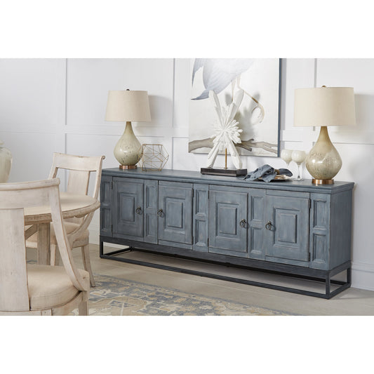 Alcove Entertainment Console by A.R.T. Furniture in slate, burnished brass. Made from acacia solids, maple veneers, iron in a transitional style.