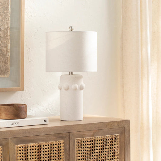 Massimo Lamp by Livabliss in body: cream, shade: cream, finial: metallic - nickel, harp: metallic - nickel, cord: translucent and glazed. Made from body: ceramic, shade (outside): linen, shade (inside): polyester, finial: metal