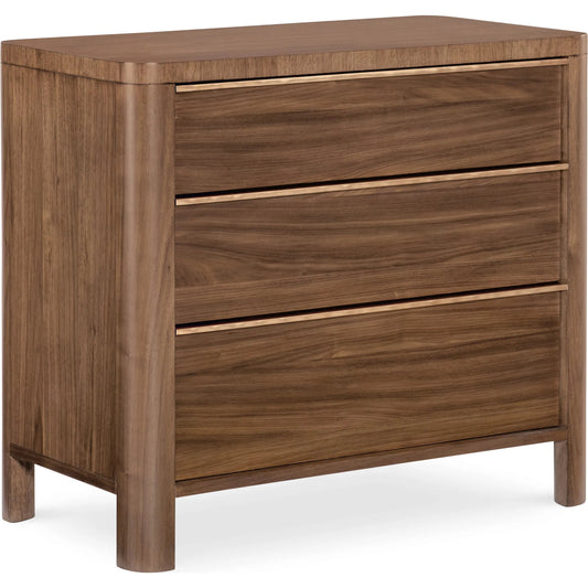 Eleana Three Drawer Nightstand by Hooker Furniture in light caramel, quartered walnut veneers, sunlit bronze metal. Made from walnut veneers in a modern style.