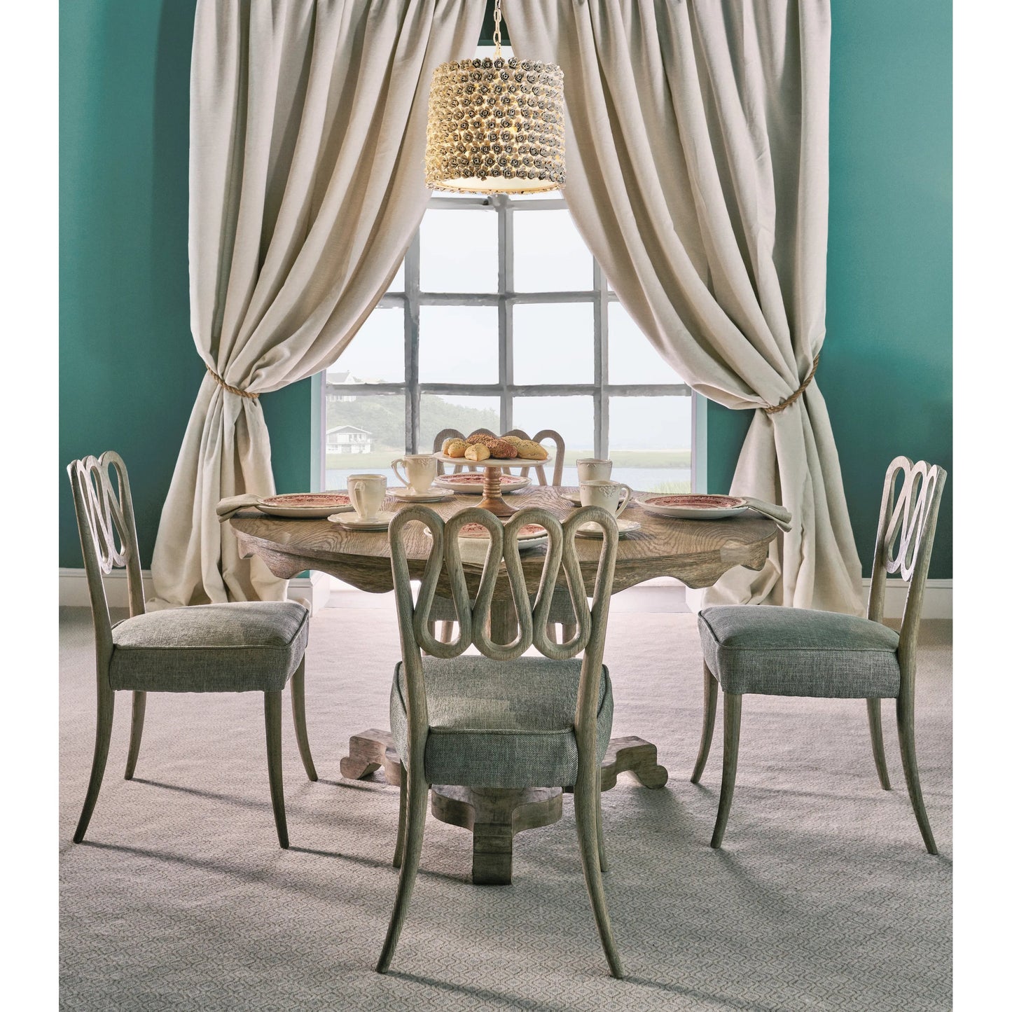 008 SI-2186345 | Lifestyle | Ampney Side Chair (Set of 2) by Jonathan Charles in light brown and washed grey oak. Made from oak, foam, fabric in a traditional style.