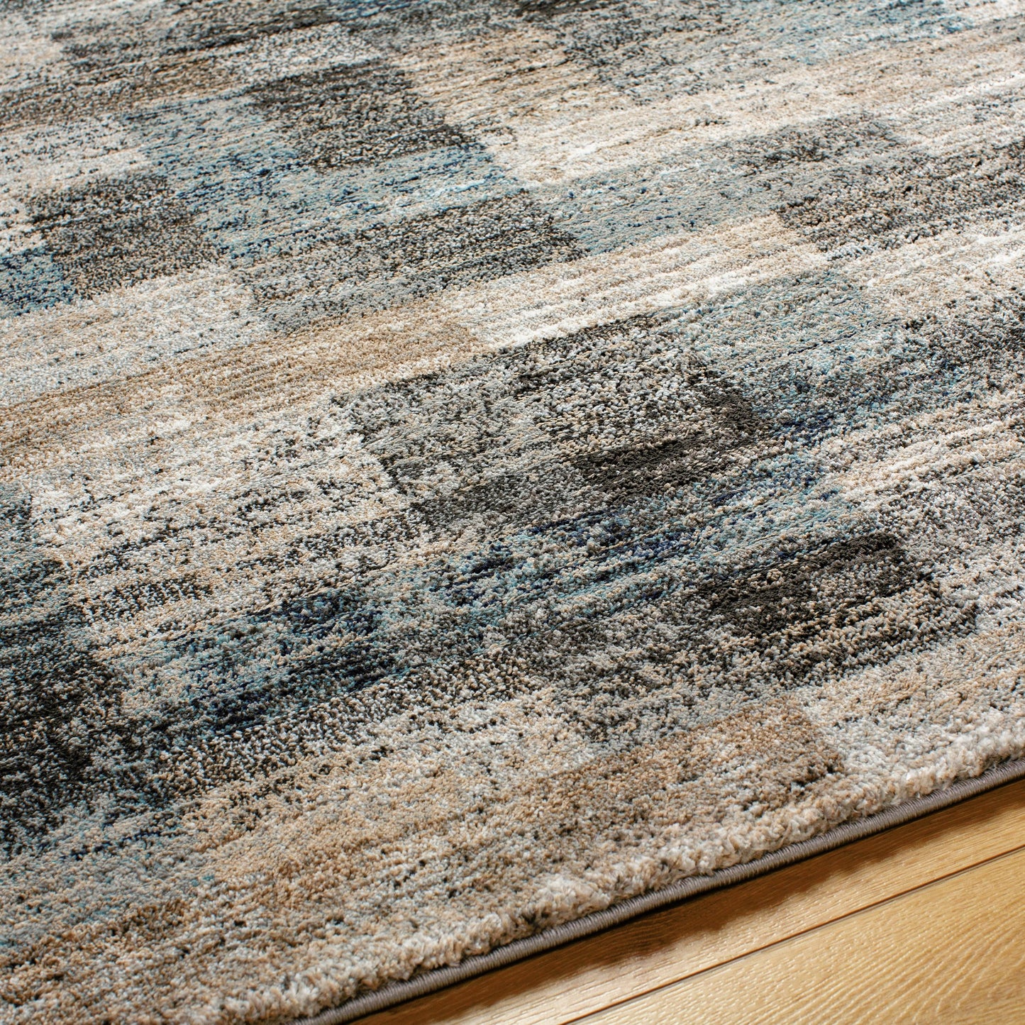 004 SI-2053058,SI-2053059,SI-2053060,SI-2053061 | Closeup | Montana Rug - 494870 by Livabliss in gray, tan, ivory, black, dark blue, pale blue. Made from face: 85% polypropylene, 15% polyester, warp: 100% jute in a unique style.