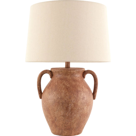 Mubi Accent Table Lamp by Livabliss in body: red; shade (outside): wheat; shade (inside): white; finial: red; harp: metallic - gold; cord: translucent and painted. Made from ceramic, linen, plastic, resin in a transitional s