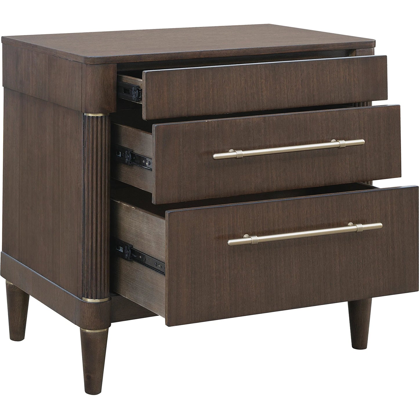 003 SI-2449349 | Additional Silo | Asher Park 3 Drawer Nightstand by Pulaski Furniture in piano brown. Made from eucalyptus veneers in a unique style.