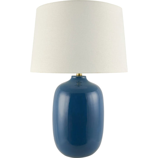 Morven Accent Table Lamp by Surya in white, translucent, metallic gold, dark blue. Made from ceramic, linen, polyester, iron in a modern style.