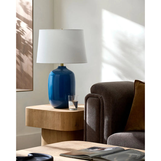 Morven Accent Table Lamp by Surya in white, translucent, metallic gold, dark blue. Made from ceramic, linen, polyester, iron in a modern style.