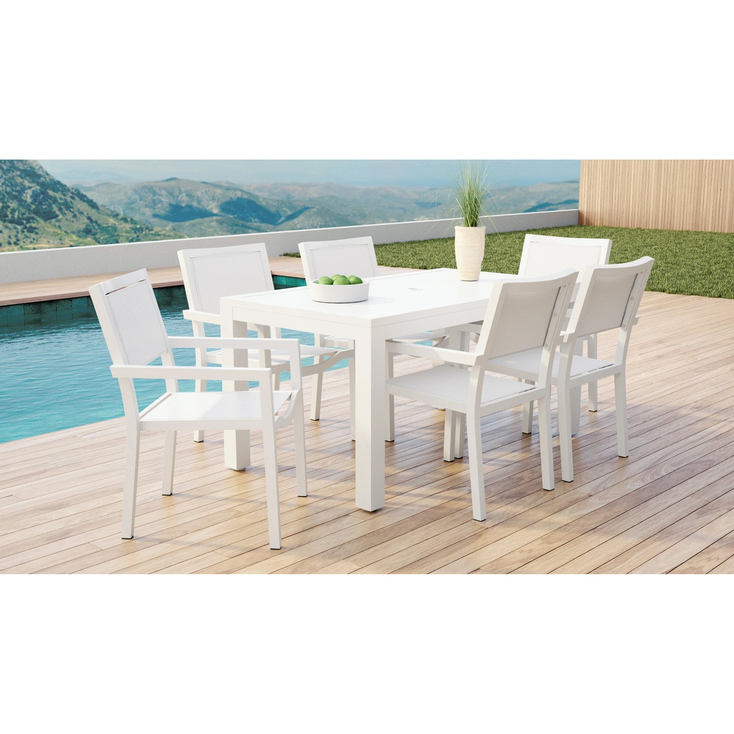 007 SI-2166659 | Lifestyle | Naples Outdoor Stackable Sling Dining Chair by Sunset West in white. Made from aluminum in a modern style.